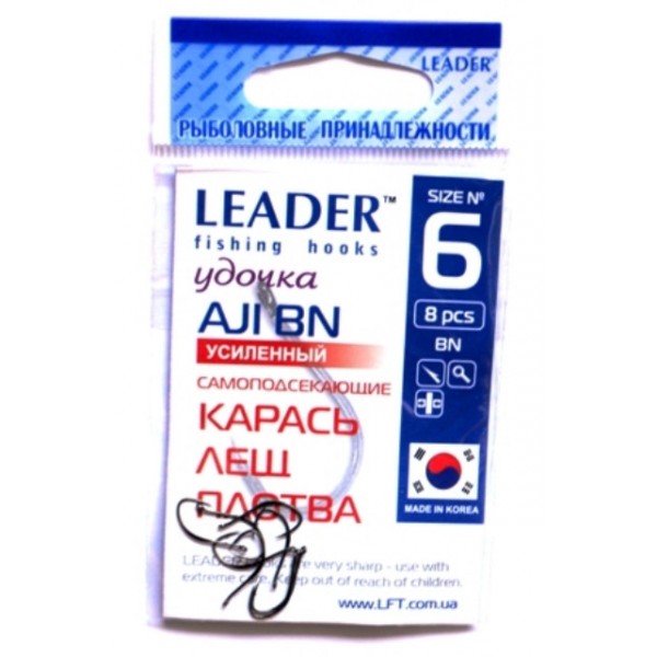 Гачки рибальські Leader AJI посилений BN, № 6 (8шт.) Гачки рибальські Leader AJI посилений BN, № 6 (8шт.)