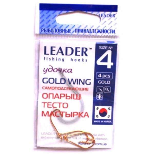 Гачки для риболовлі Лідер GOLD WING, № 4 (4шт.) Гачки для риболовлі Лідер GOLD WING, № 4 (4шт.)