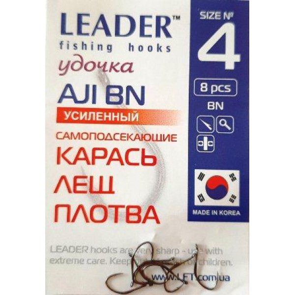 Гачки рибальські Leader AJI посилений BN, №4, (8шт) Гачки рибальські Leader AJI посилений BN, №4, (8шт)