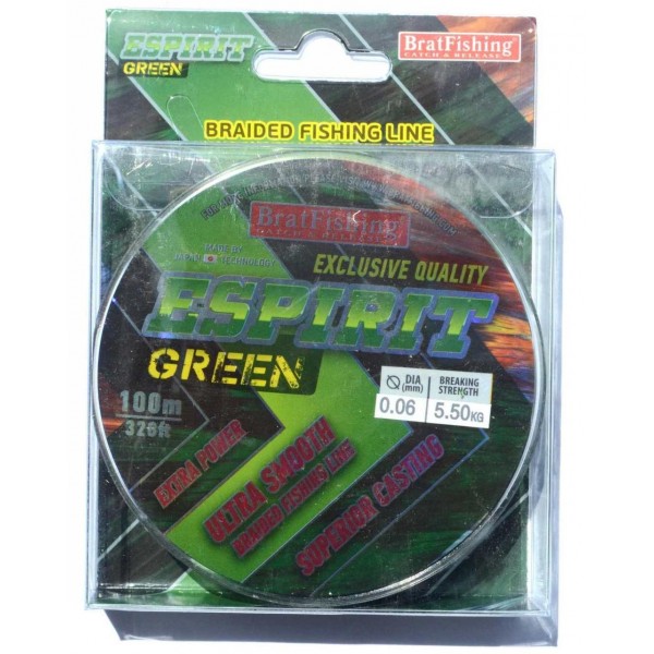 Шнур BratFishing ESPIRIT GREEN, зелений, плетіння 8 ниток, 100м., діаметр 0,06мм Шнур BratFishing ESPIRIT GREEN, зелений, плетіння 8 ниток, 100м., діаметр 0,06мм