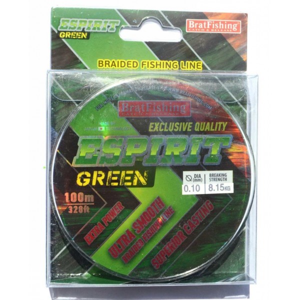 Шнур BratFishing ESPIRIT GREEN, зелений, плетіння 8 ниток, 100м., діаметр 0,10мм Шнур BratFishing ESPIRIT GREEN, зелений, плетіння 8 ниток, 100м., діаметр 0,10мм