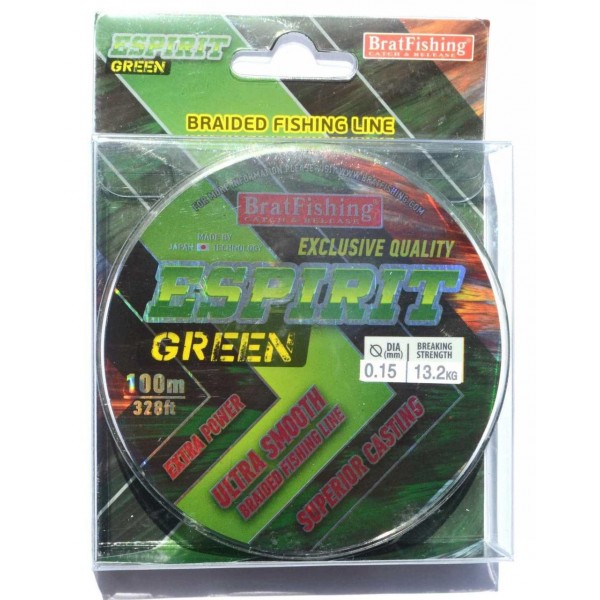 Шнур BratFishing ESPIRIT GREEN, зелений, плетіння 8 ниток, 100м., діаметр 0,15мм Шнур BratFishing ESPIRIT GREEN, зелений, плетіння 8 ниток, 100м., діаметр 0,15мм