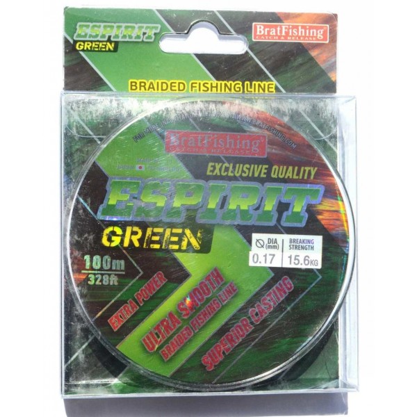 Шнур BratFishing ESPIRIT GREEN, зелений, плетіння 8 ниток, 100м., діаметр 0,17мм