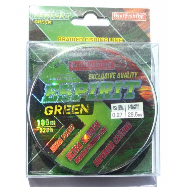 Шнур BratFishing ESPIRIT GREEN, зелений, плетіння 8 ниток, 100м., діаметр 0,27мм Шнур BratFishing ESPIRIT GREEN, зелений, плетіння 8 ниток, 100м., діаметр 0,27мм