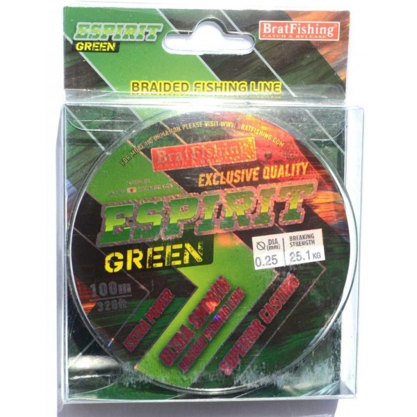 Шнур BratFishing ESPIRIT GREEN, зелений, плетіння 8 ниток, 100м., діаметр 0,25мм Шнур BratFishing ESPIRIT GREEN, зелений, плетіння 8 ниток, 100м., діаметр 0,25мм
